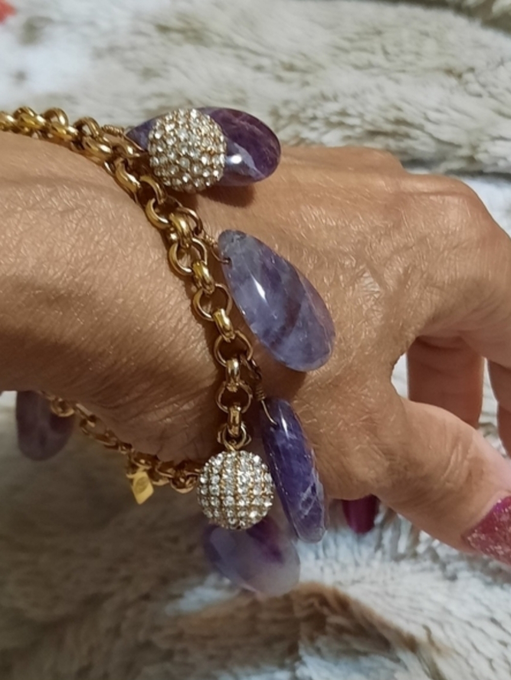 Vintage GENUINE FACETED DANGLE AMETHYST FEBRUARY BIRTHSTONE CHARM BRACELET GOLD
